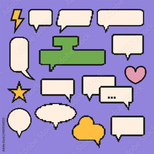 Set of mosaic vintage talk bubbles. Pixel speech balloons. Pixel art dialogue box. Vector illustration