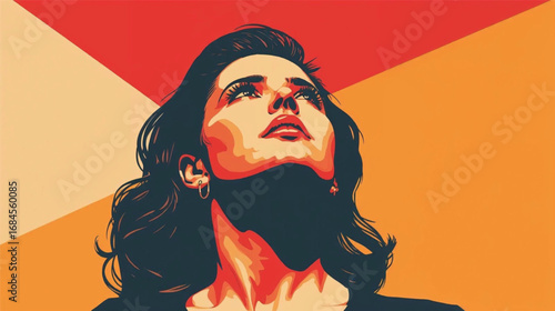 Strong female portrait in retro style with red yellow cream background, Ai Generate 