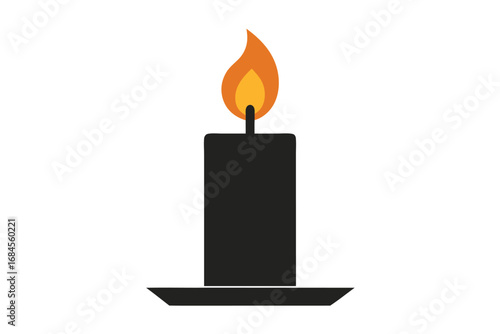 Flame Glowing on Black Candle with Holder on White Background