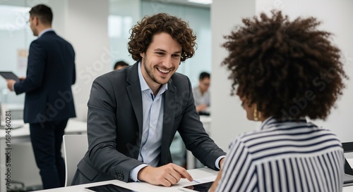Smiling Business Professionals in a Meeting, Collaborating and Reviewing Documents in a Modern Office Setting