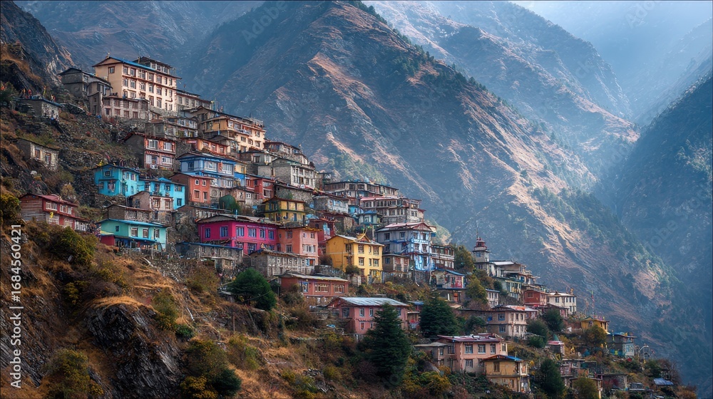 Fototapeta premium Nepal Border. Houses on Mountain Slopes in Zhangmu City, China