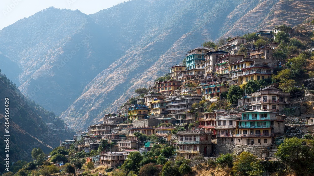 Obraz premium Nepal Border: Houses on Mountain Slopes in Zhangmu, China near Himalayas