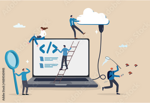 Software development, coding team, programming frontend backend framework, debugging algorithm, testing or deployment concept, young people software engineer working with online cloud computer laptop