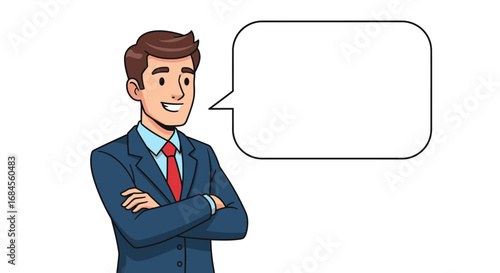 Cartoon businessman with folded arms and blank speech bubble waiting for your creative input ready