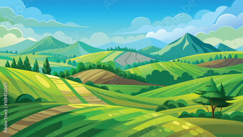 Summer panoramic landscape of green meadows and rolling hills with distant mountains under a blue sky