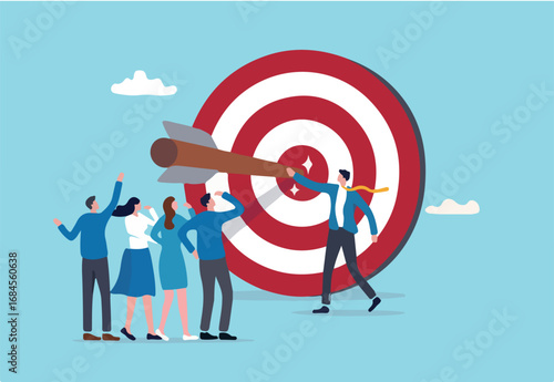 Company target achievement, business goal or objective to achieve, team strategy, leadership development, aiming for winning goal concept, businessman point arrow bullseye target to team colleagues