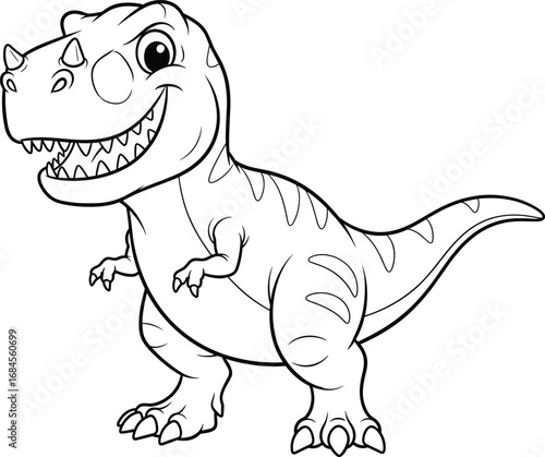 Cartoon T-rex dinosaur line art with big eyes, toothy smile, small arms, coloring page, children’s vector, prehistoric animal illustration