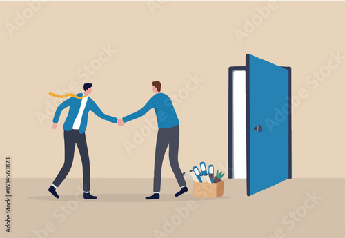 Offboarding process for employee leaving company, farewell or departure, quit job, decision for new opportunity, terminate work contract process, businessman manager check hands with leaving employee