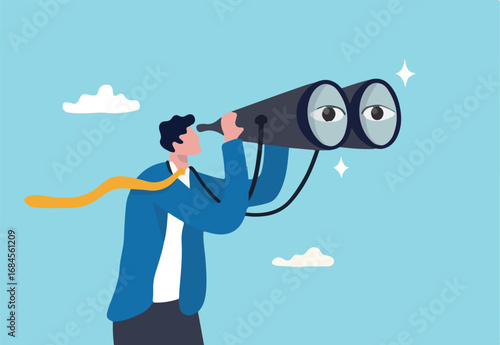 looking for job vacancy, marketing insight, find new success, research or observation concept, businessman look with spyglass, binoculars on search bar	
