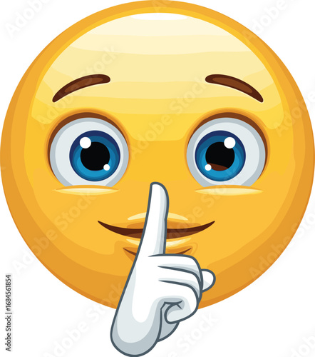 Cartoon emoji face with blue eyes and finger over mouth, silence gesture vector illustration for communication and digital media