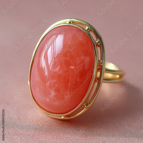 Close up of a gemstone ring featuring a large oval coral cabochon in a gold setting, photographed against a soft pink backdrop.