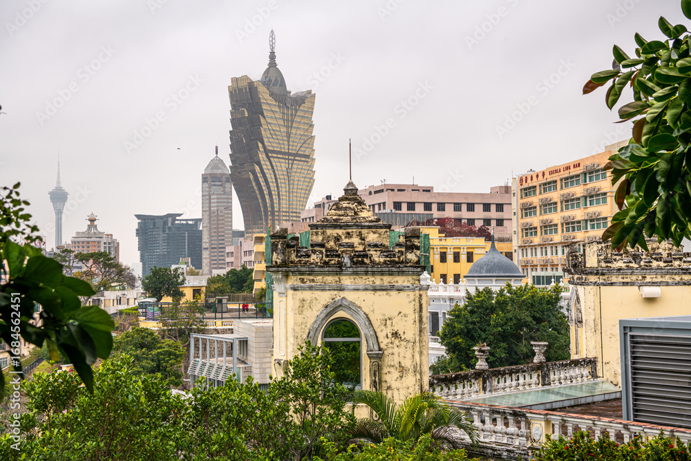 Fototapeta premium View on the Grand Lisboa casino and hotel from Guia Chapel and lighthouse, Macao