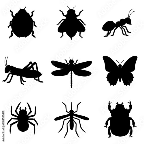 Set of insect silhouettes including ladybug, fly, ant, grasshopper, dragonfly, butterfly, spider, mosquito, and beetle. Vector icons for nature, biology, or entomology concepts