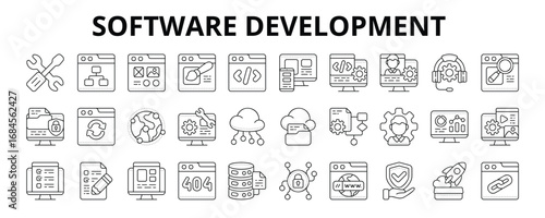 30 Software Development Line Icons Vector - Sitemap, Wireframe, Web Design, Sync, Database, Landing Page, Content Management