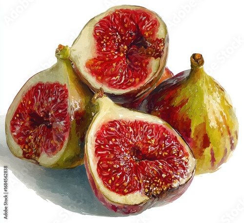 A digital painting of halved and whole figs