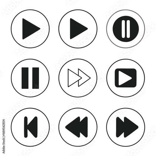 Vector artwork of circular multimedia icons with complete play pause stop controls