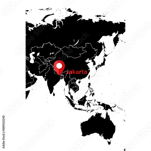 Jakarta highlighted on simplistic world map representing focus on Southeast Asia travel destination