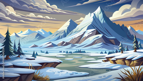 Snow-covered mountain peaks and a frozen lake create a scenic winter landscape with a lone Christmas tree standing out against the sky