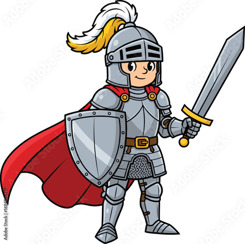 Cartoon knight in silver armor with sword and shield, fantasy character for children’s vector illustration, medieval history and storytelling