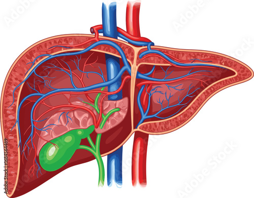 Human liver anatomy with vascular system and bile ducts, detailed medical vector illustration for education, biology and healthcare content