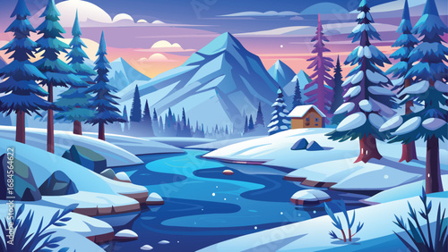 A stunning winter landscape of snowy mountains and frosty fir trees under a clear blue sky