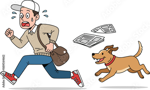 Cartoon man running from dog with panicked face, flying papers and motion lines, vector illustration for humor and action design