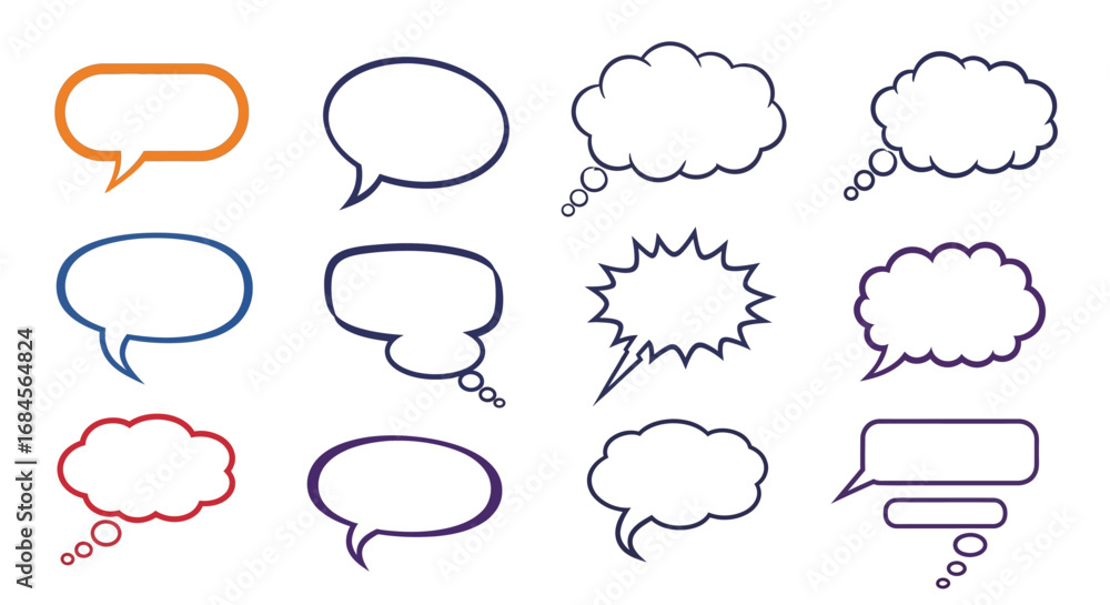 Fototapeta premium Diverse bubble and speech clouds array symbolizing communication and ideas for design