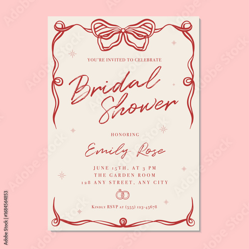 Bridal shower invitation with hand drawn ribbon frame. Hand drawn vector illustration bridal shower invitation 