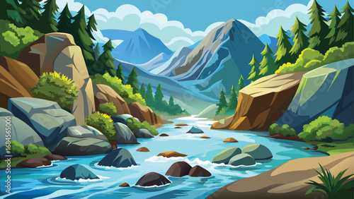 Summer panorama of a mountain landscape with a river, green forest, and reflections of the sky and clouds in the clear lake water