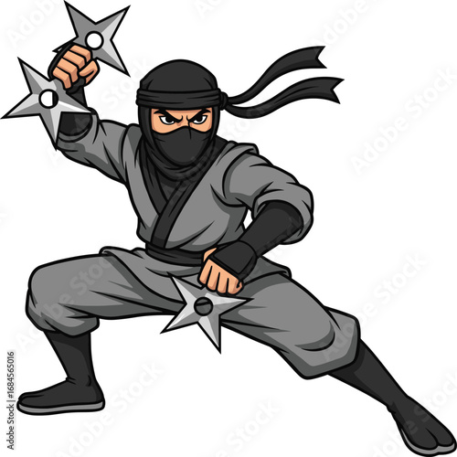 Cartoon ninja in dynamic pose with shurikens, stealth action vector illustration for kids—martial arts character design and adventure theme