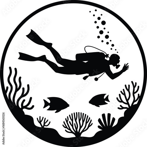 Scuba diver exploring underwater marine life silhouette