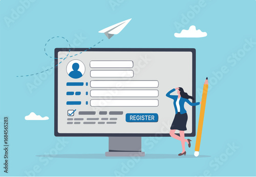 Register new user account, registration form or submission, sign up information online, apply new job or membership, self service concept, businesswoman with pencil complete online registration form.