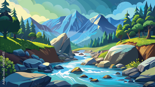 A serene mountain landscape with a still lake reflects a panoramic sky, while distant peaks are capped with snow and ice