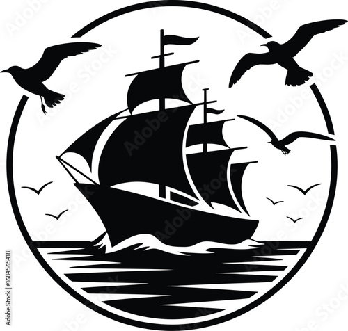 Sailing ship with birds on the sea silhouette