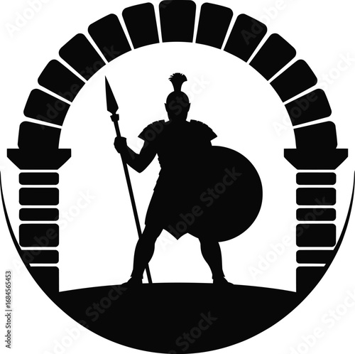 Ancient roman soldier standing before an archway silhouette