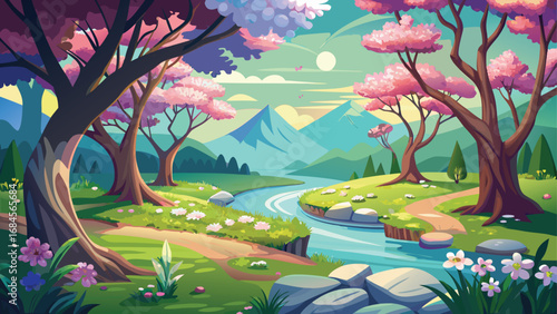 A scenic spring landscape with green trees, flowers, and a blue sky over a tranquil lake