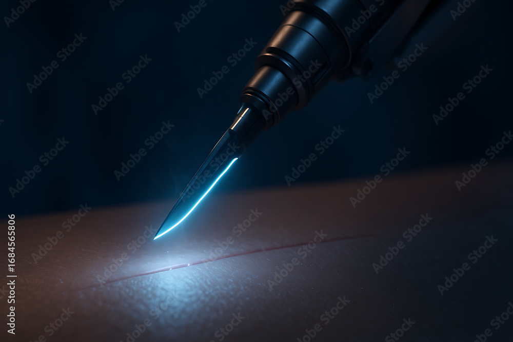 Naklejka premium Robotic surgical blade with glowing edge makes a precise incision on skin, symbolizing futuristic medicine, AI, and healthcare technology.