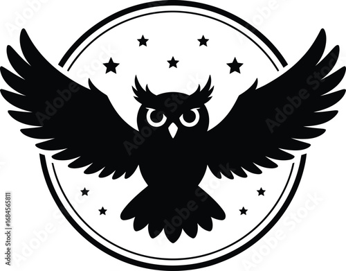 Majestic owl spreading wings amidst a starry night sky silhouette