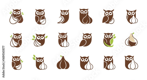 Conceptual icons featuring owls creatively integrated with leaves and garlic shapes