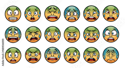 Varied emotional expressions of cartoon emoji faces with sweat and anxiety displayed