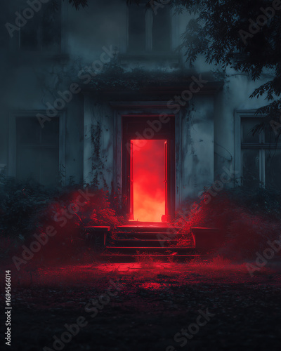 Haunted house with red door and Halloween vibes