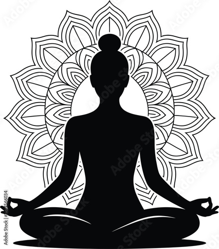 Person meditating with a mandala symbol silhouette