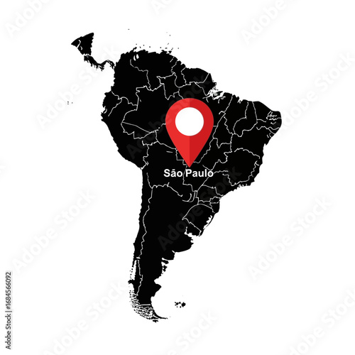 South America map with São Paulo location emphasized with pinpoint visualization