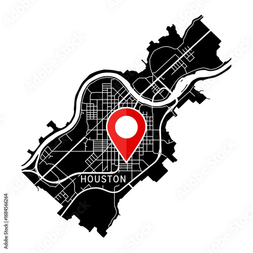 Houston's modern cartography with a prominent red pinpoint designating a location