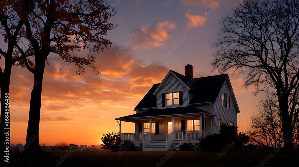 Naklejka premium Sunset over a spooky house with a Halloween twist