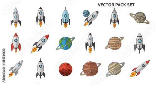 Collection of colorful cartoon rockets and planets in a whimsical vector pack set