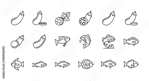 Minimalist vector icons showcasing eggplants and fish suitable for food related designs