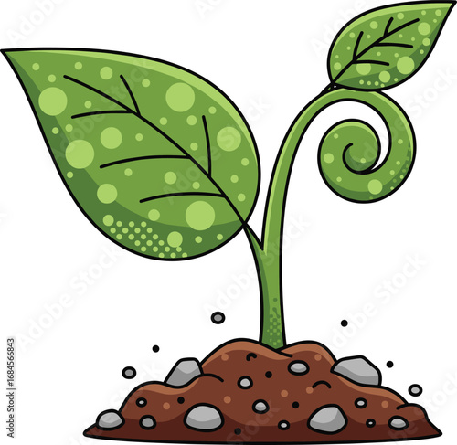 Cartoon young plant growing in soil with green leaves and rocks vector illustration for botany, biology, environment, and children’s education