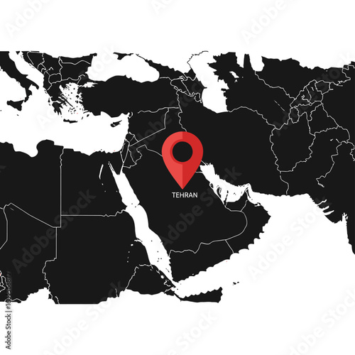 Tehran location highlighted on a map of the Middle East and surrounding regions