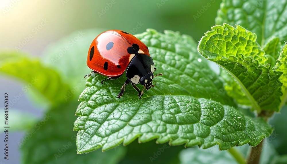 Fototapeta premium A vibrant ladybug rests serenely atop a fresh mint leaf, showcasing its striking red and black pattern against the lush green foliage.